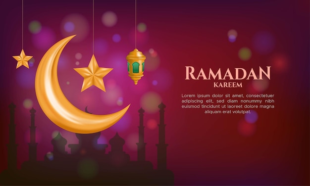 Ramadan kareem greeting card with crescent moon and hanging lamp in marron bokeh background