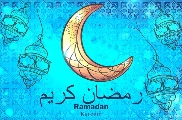 Ramadan Kareem greeting card with crescent moon and hanging lamps