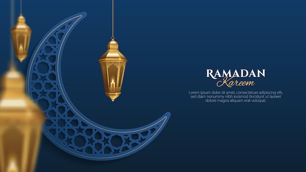 Ramadan kareem greeting card with a crescent moon and the text ramadan kareem on a blue background.