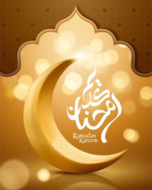 Ramadan kareem greeting card with crescent on shimmering golden background