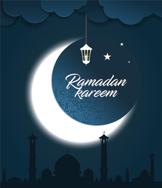 Vector ramadan kareem greeting card with glowing crescent moon, mosque, stars and ramadan lantern on night background.