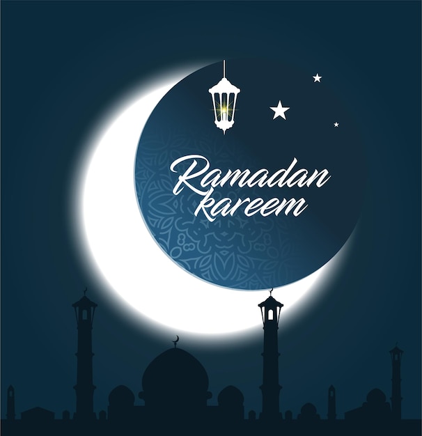 Vector ramadan kareem greeting card with glowing crescent moon