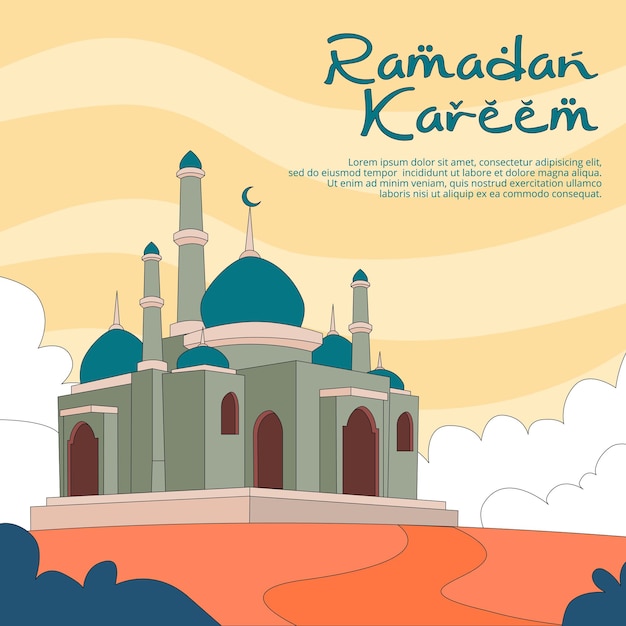 Ramadan Kareem greeting card with hand drawn flat cartoon design premium vector