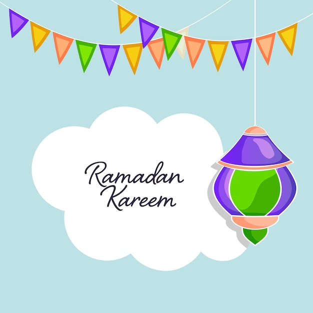 Biglietto di auguri ramadan kareem con lanterne appese bunting bandiere decorate su sfondo bianco e blu