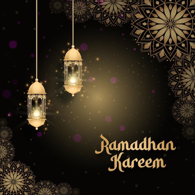 Cartolina d'auguri di ramadan kareem con una lanterna e un motivo su uno sfondo scuro.