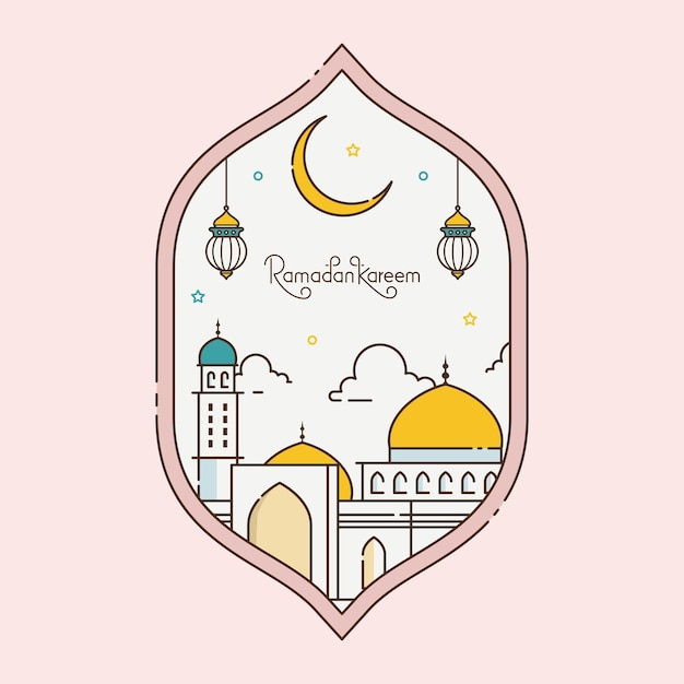 Ramadan kareem greeting card with line art style islamic symbol