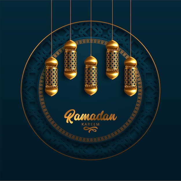 Cartolina d'auguri di ramadan kareem con calligrafia araba moderna e lampade