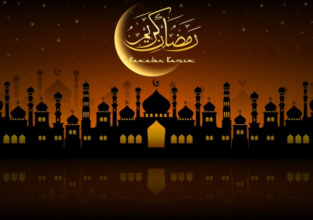 Ramadan Kareem greeting card with mosque and night sky