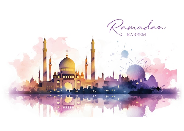 Ramadan Kareem greeting card with mosque on watercolor background