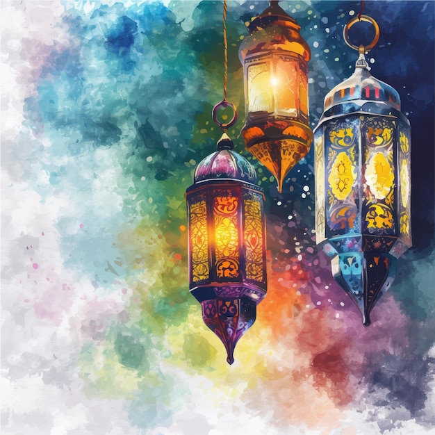 Vector ramadan kareem greeting card with mosque on watercolor background