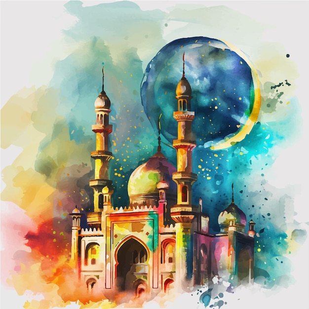 Ramadan Kareem greeting card with mosque in watercolor style