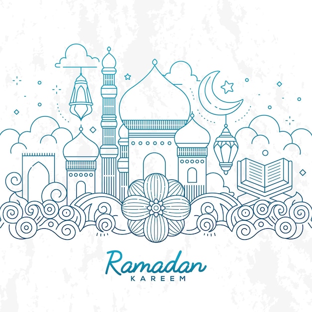 Vettore cartella di auguri di ramadan kareem con schizzo di contorno e illustrazione disegnata a mano