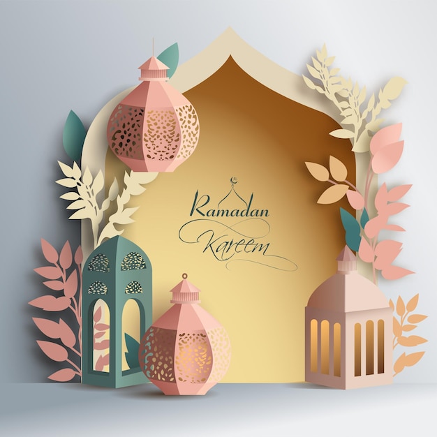 Поздравительная открытка Рамадан Карим с арабскими лампами в бумажном стиле Листья украшены на желтом и сером фоне