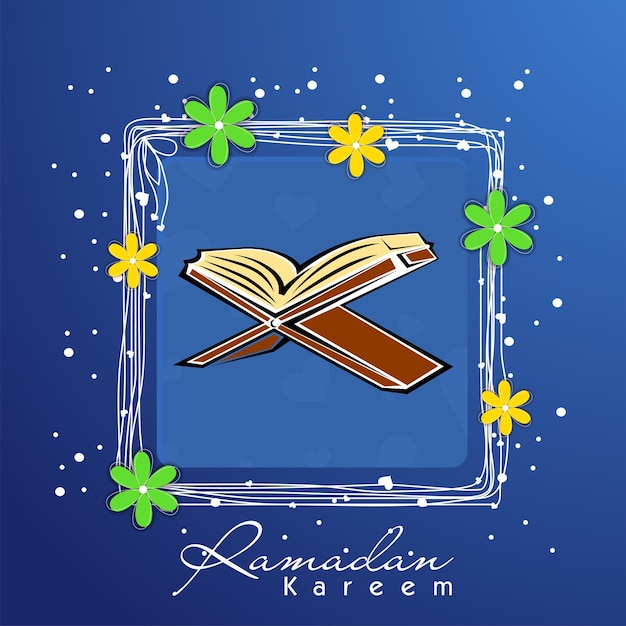Вектор Поздравительная открытка рамадана карима с векторной книгой священного корана в рехале и цветами, украшенными на синем фоне