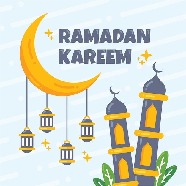 Ramadan Kareem greeting Concept with mosque moon and lanterns illustration