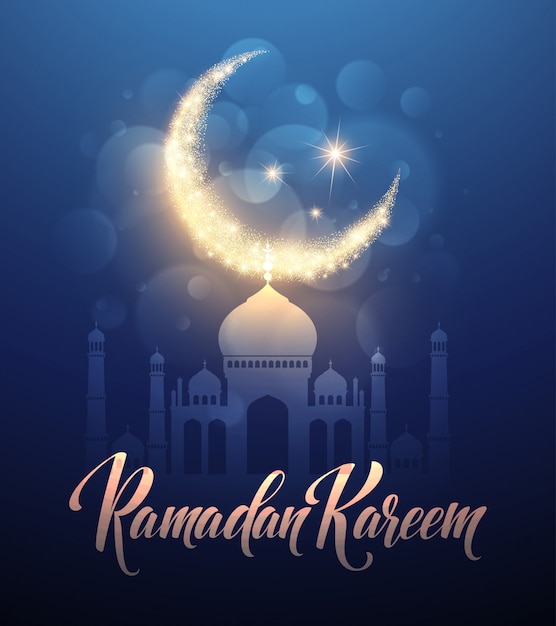 Рамадан карим приветствие надписи карты с луной и звездами.