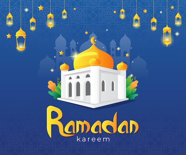 ramadan kareem greetings card with mosque and arabic lamp