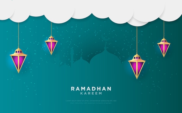 Vector ramadan kareem greetings design with lanterns background. illustration.