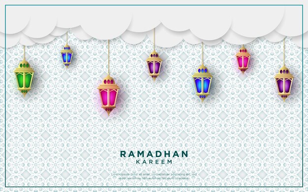 Ramadan kareem greetings design with lanterns background. illustration.