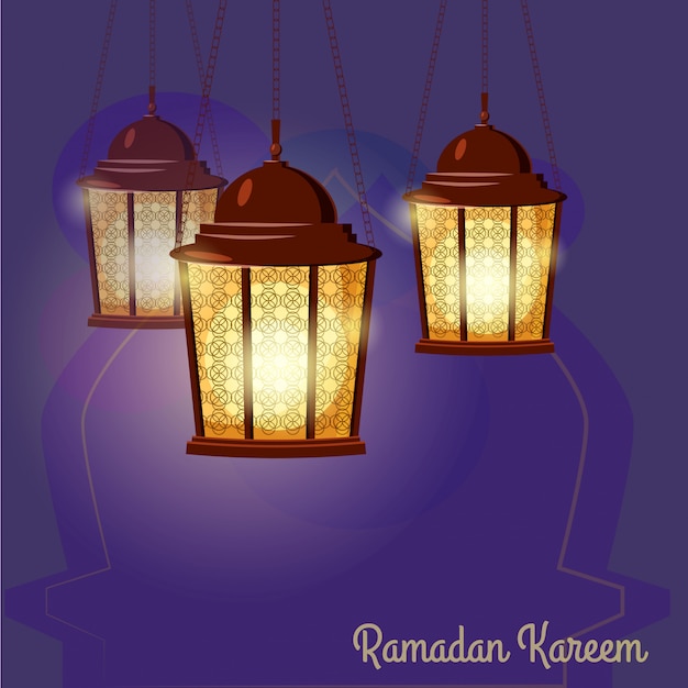 Ramadan kareem greetings intricate arabic lamps, vector illustration