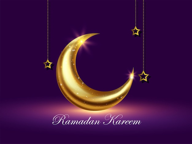 Ramadan kareem groet achtergrond en 3d gouden metalen halve maan met sterren