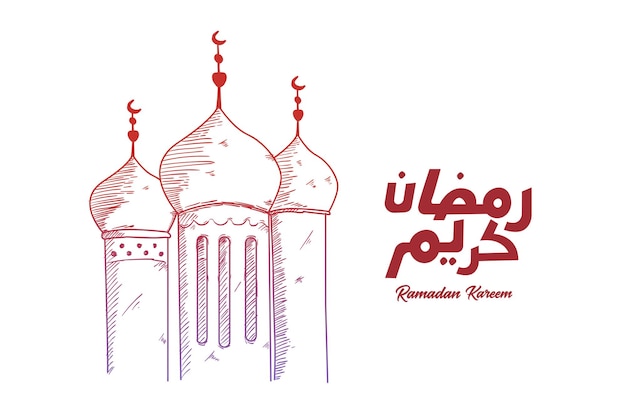 Ramadan Kareem Groet vector bestand in Arabische vrije hand schrijven met een moderne moskee