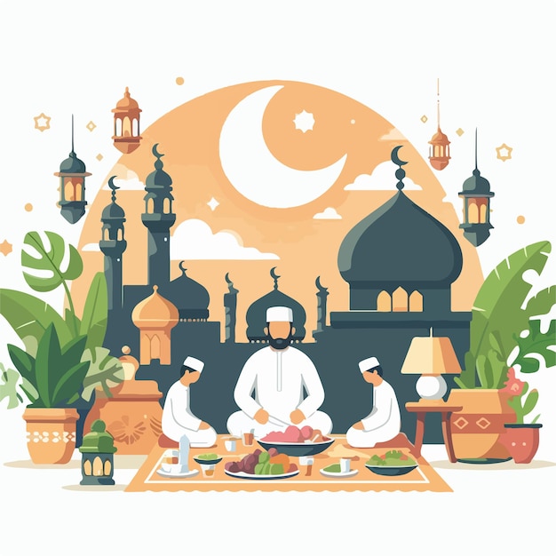 Ramadan Kareem groetkaart met silhouet van moskee en halve maan