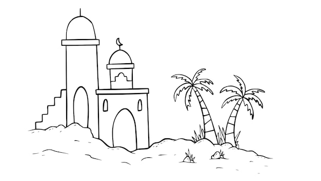 Ramadan Kareem hand drawn vintage vector illustration with arabian mosque architecture background