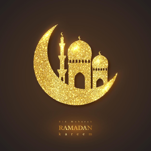 Priorità bassa di festa di ramadan kareem. glitter design incandescente, sfondo nero. illustrazione.