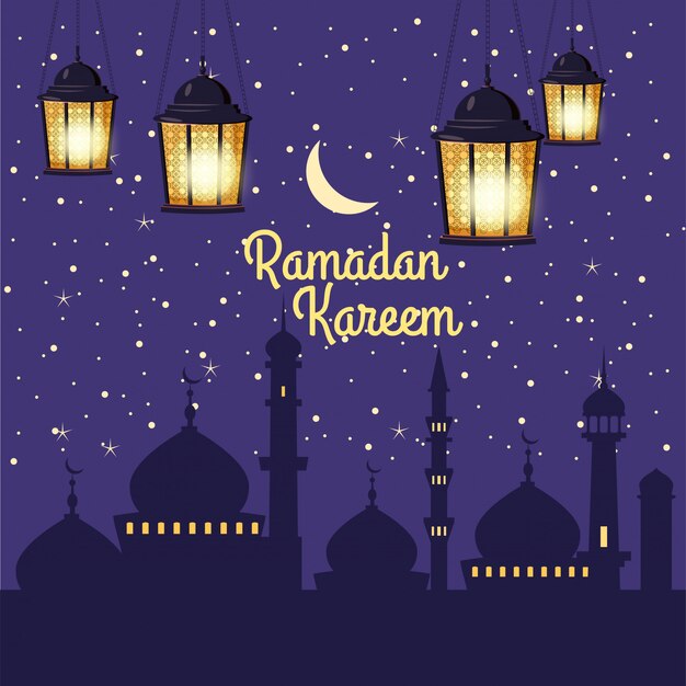 Ramadan kareem illustrazioni per le vacanze con lanterne arabe e la mezzaluna dorata, cielo stellato