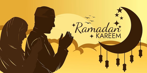 Ramadan kareem horizontal banner with illustration of muslim woman and man praying. landscape