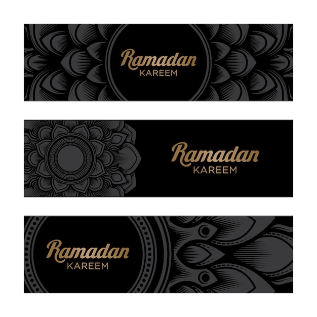 Ramadan kareem horizontal banner con mandala ornament su sfondo nero
