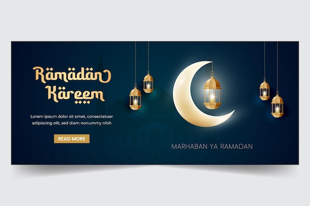 Ramadan kareem horizontal greeting banner with moon and lantern illusration