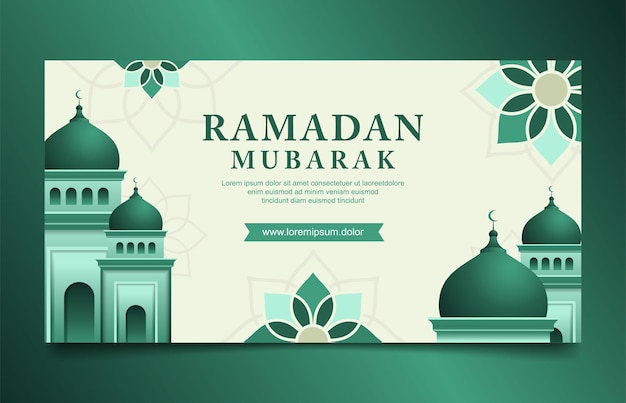 Ramadan kareem horizontale banner met groene moskee in vlakke stijl