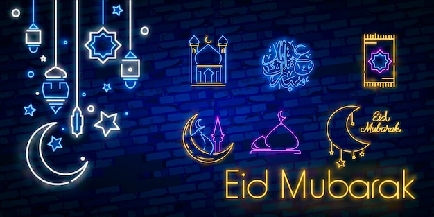 Ramadan Kareem icon set neon. Ontwerpsjabloon, ontwerpelementen.