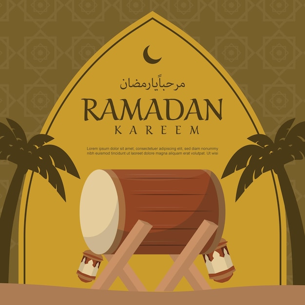 Vector ramadan kareem ied mubarak groene en gele bannerachtergrond met lantaarn en trommel