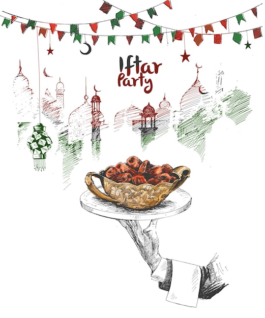 Illustrazione di vettore di schizzo di eid di celebrazione del partito di ramadan kareem iftar