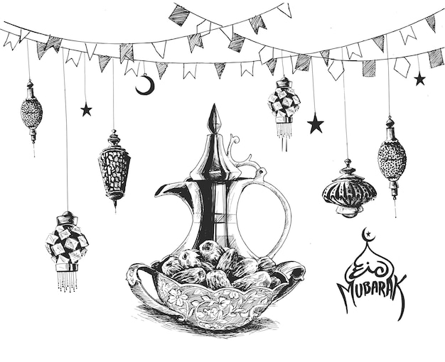 Vector ramadan kareem iftar party celebration eid sketch vector illustration