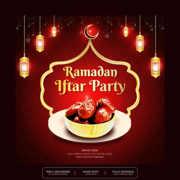 Banner modello di post sui social media di invito a una festa ramadan kareem iftar