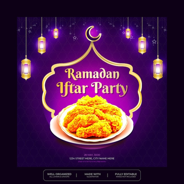 Banner modello di post sui social media di invito a una festa ramadan kareem iftar