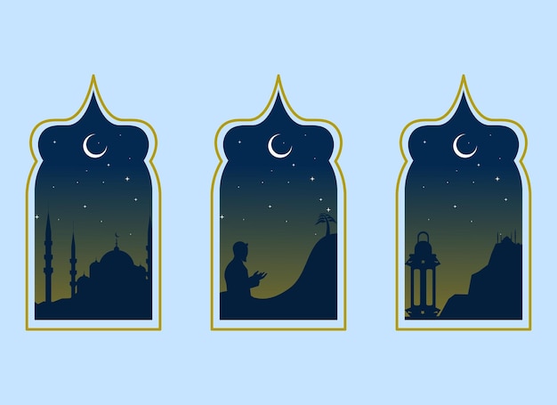 Ramadan Kareem-illustratie met moskeesilhouet en sterlicht en maan Sjabloon sociale media