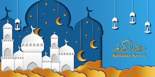 Ramadan kareem illustratiebanner met moskeelantaarnsterren en maan in papierkunst