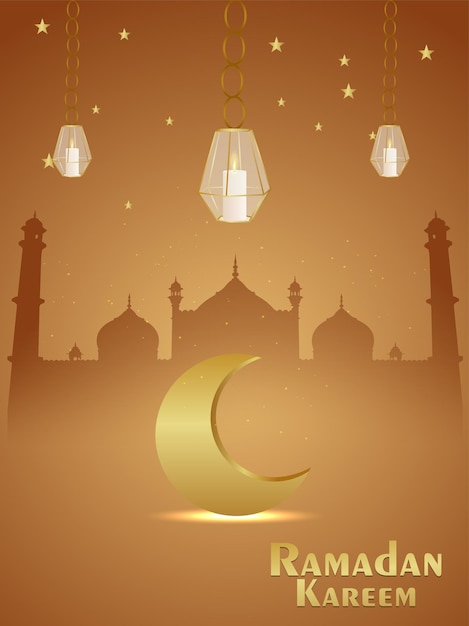 Ramadan kareem   illustration and background with golden moon and mosque