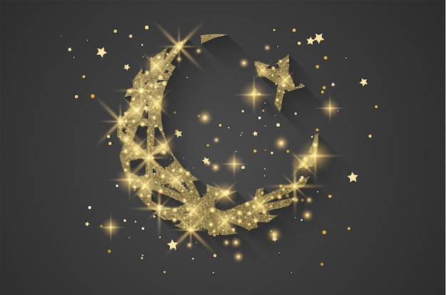 Ramadan Kareem illustration with golden moon with glittering texture on a dark background