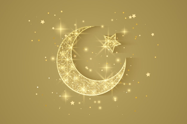 Vector ramadan kareem illustration with golden moon with glittering texture on a golden background