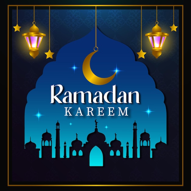 Ramadan kareem illustration with lanterns and stars and blue background