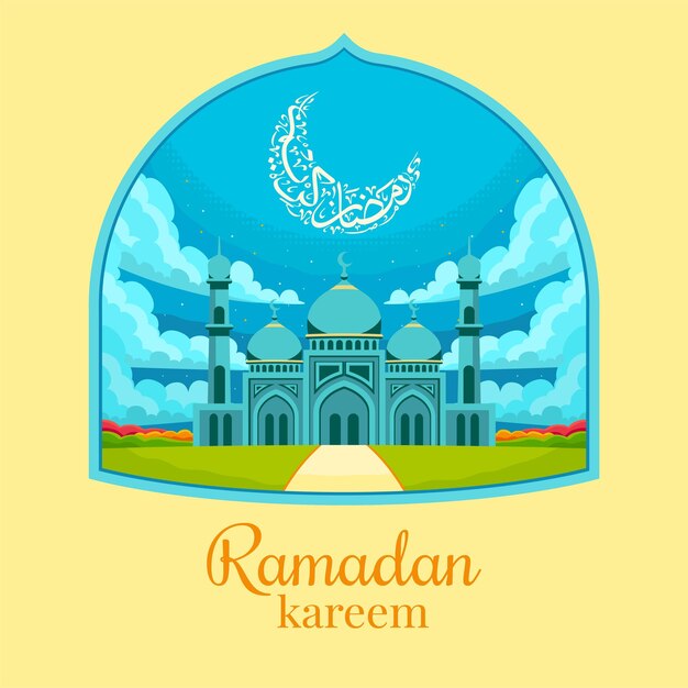 ラマダンのカリーム - モスクのイラストと雲の景色とカリグラフィー