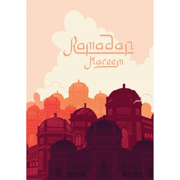 Вектор Рамадан карим в стиле линейного искусства с популярным знаковым символом, использующим в дизайне мечеть полумесячного фонаря