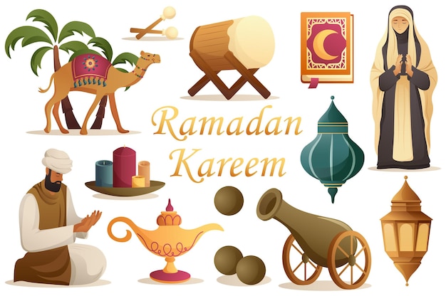 Vector ramadan kareem in plat ontwerp bundel van kameel in de buurt van palmen koranboek biddende moslimvrouw en -man