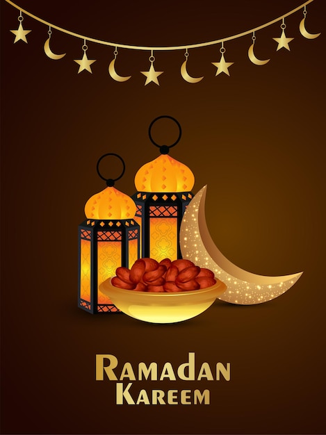 黄金のイスラムのランタンとラマダンカリームの招待状の背景